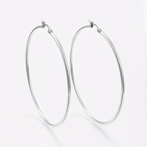 Surgical Stainless Steel Silver Round Minimalist Hoop Earrings 70mm - Picture 1 of 2